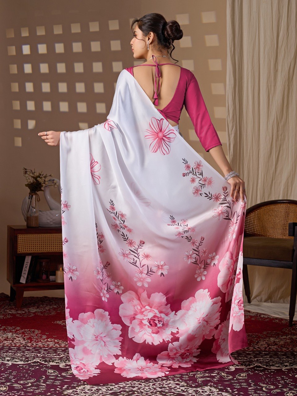 White & Pink Floral Satin Georgette Saree