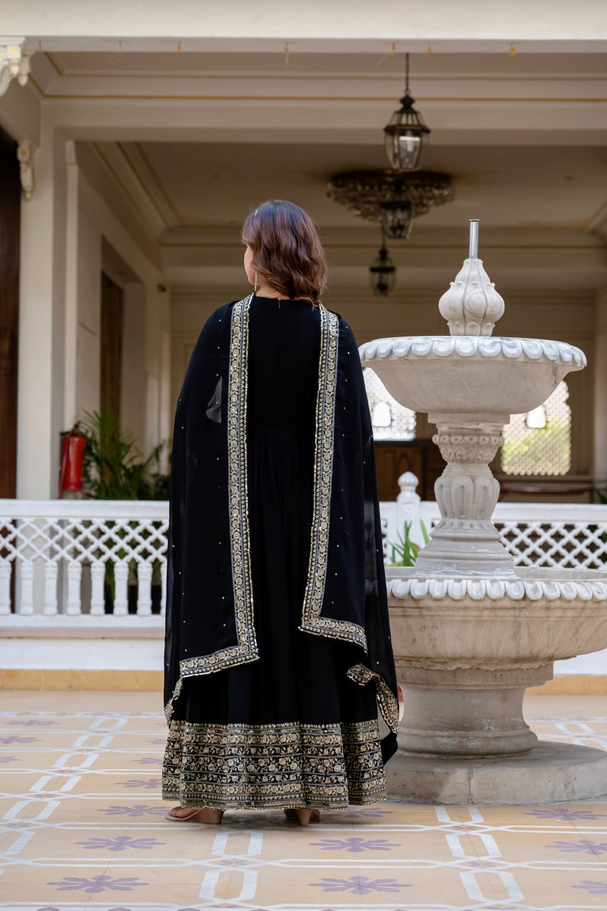 Black Faux Blooming Anarkali Gown with Dupatta Sequins Embroidery Party Wear