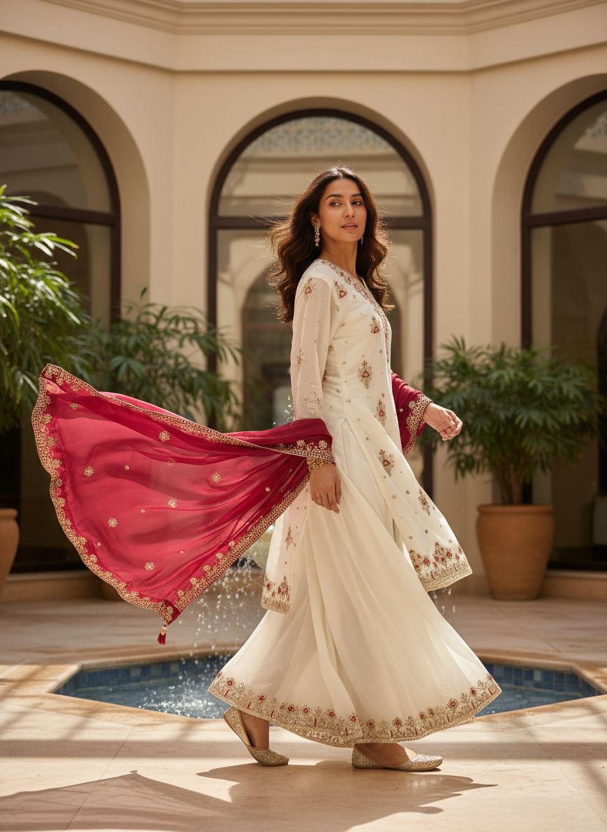 Off White & Black Georgette Kurti Palazzo Set with Dupatta Sequins Zari Work