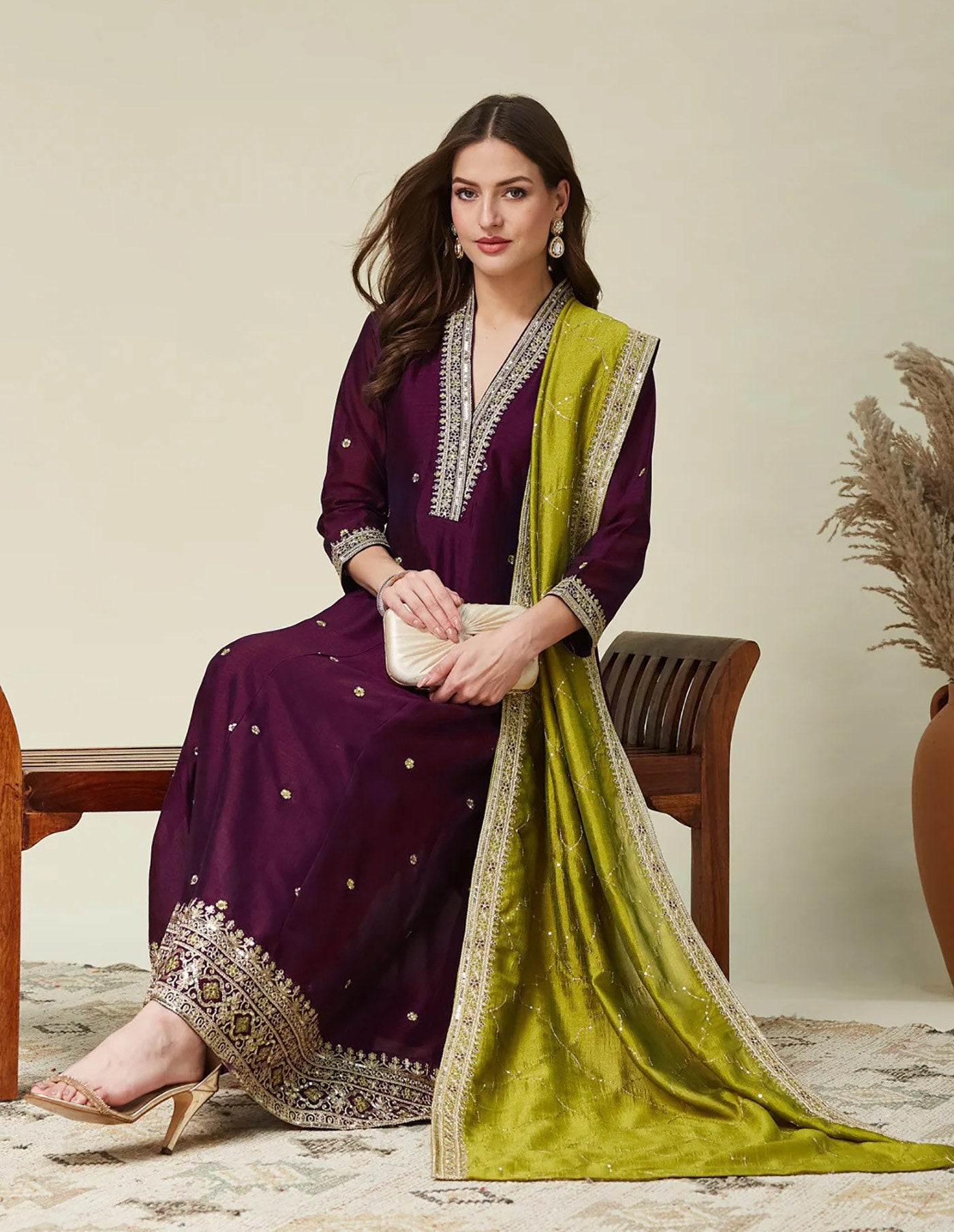 Beige Wine Vichitra Anarkali Kurti Set with Dupatta Embroidered Festive Wear