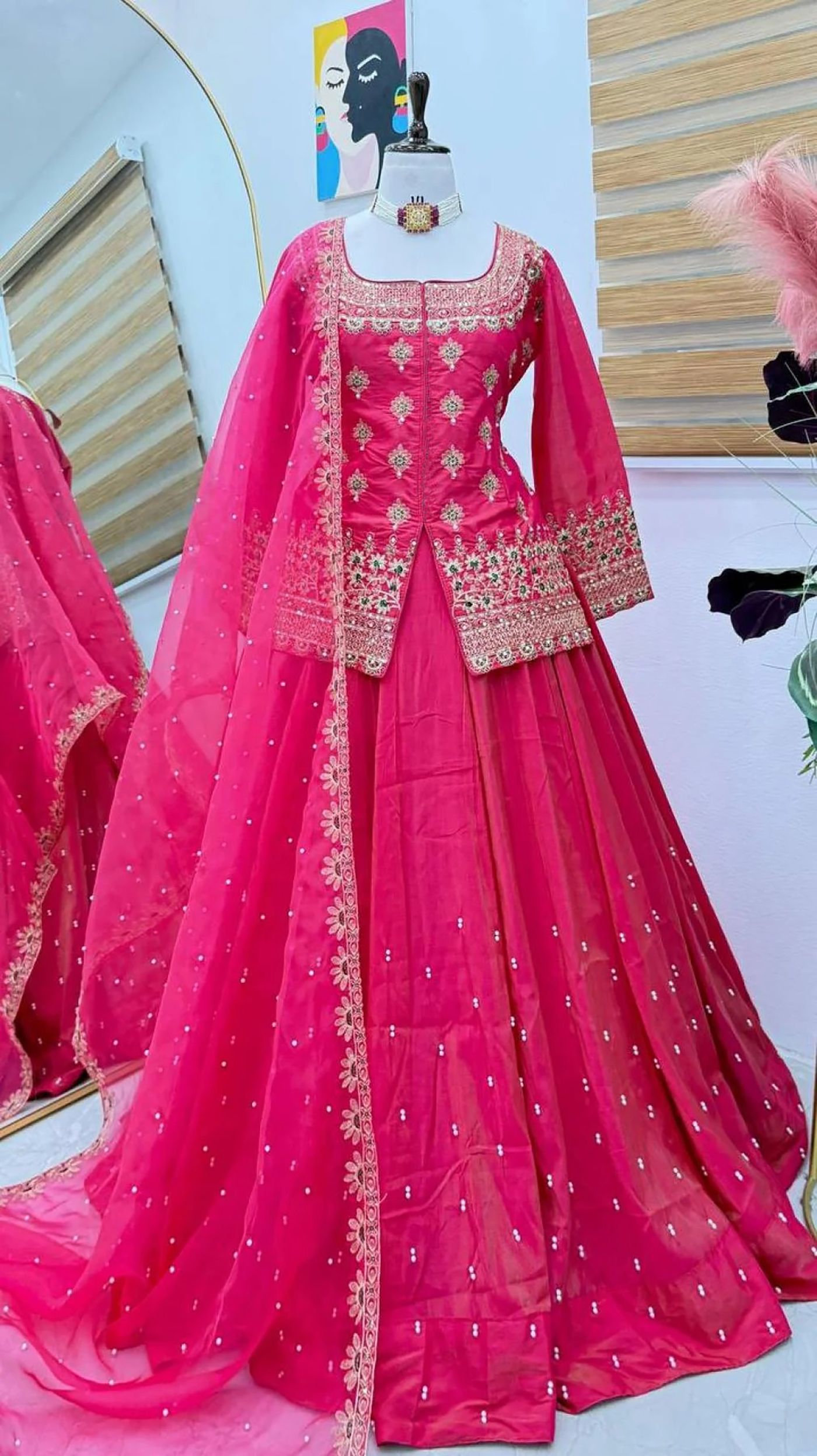 Pink Roman Silk Lehenga Choli Set with Net Dupatta Beads Stone Work Festive Wear