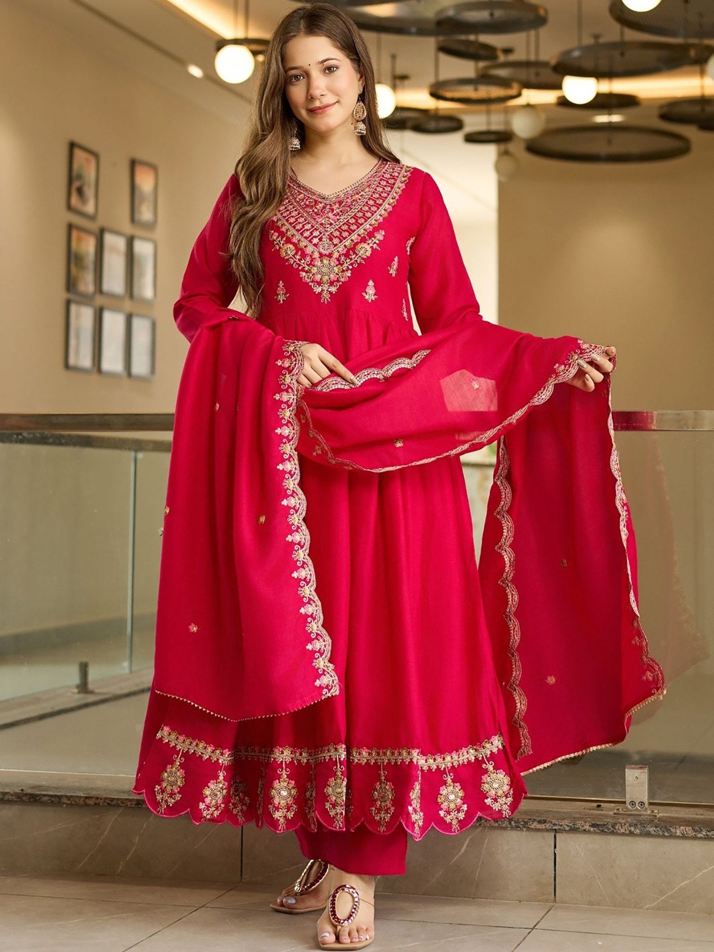 Pink Vichitra Anarkali Sharara Set with Dupatta Embroidered Festive Wear
