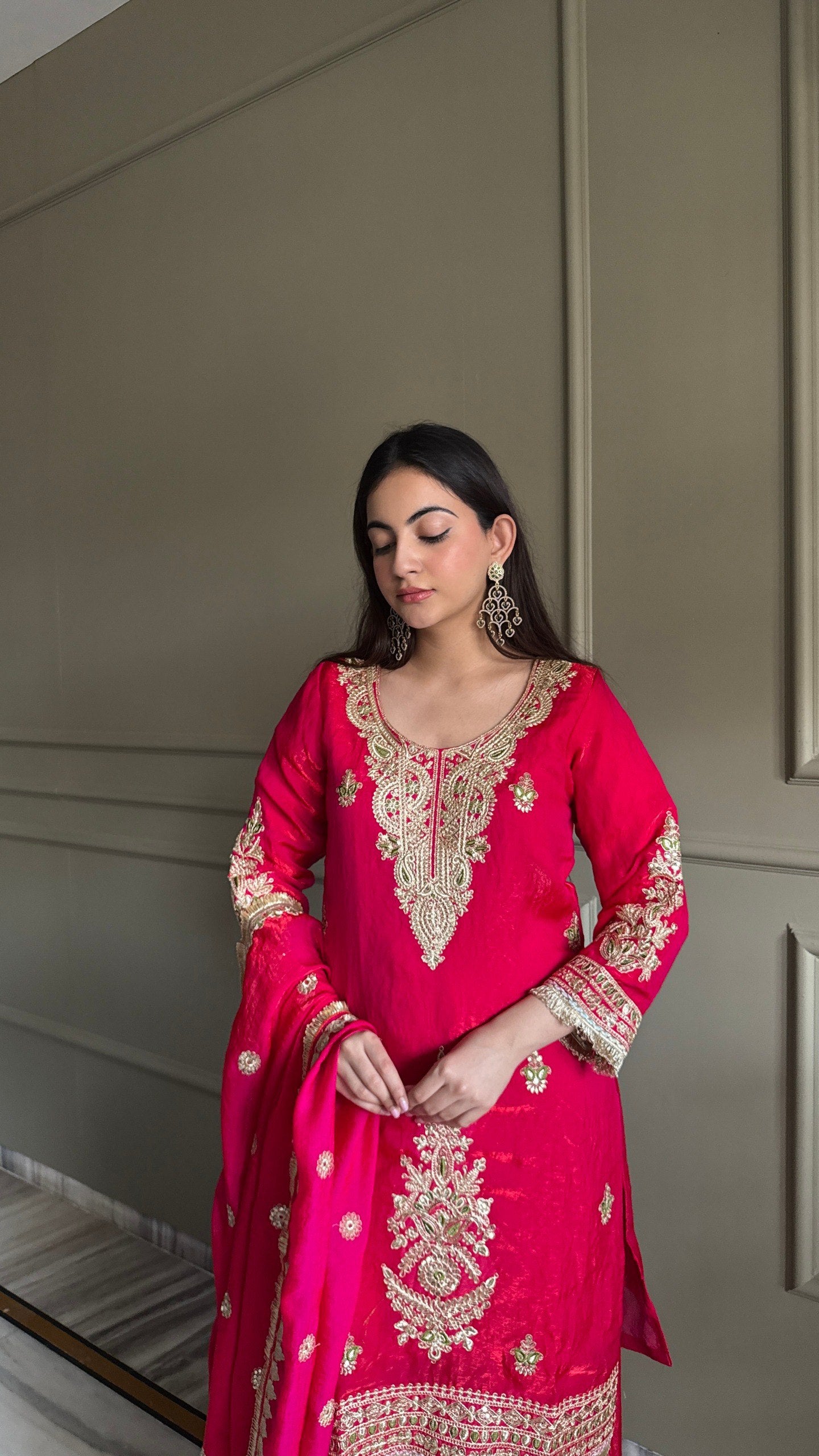Pink & Dark Blue Fendi Satin Kurti Palazzo Set with Dupatta Embroidered Designer Wear
