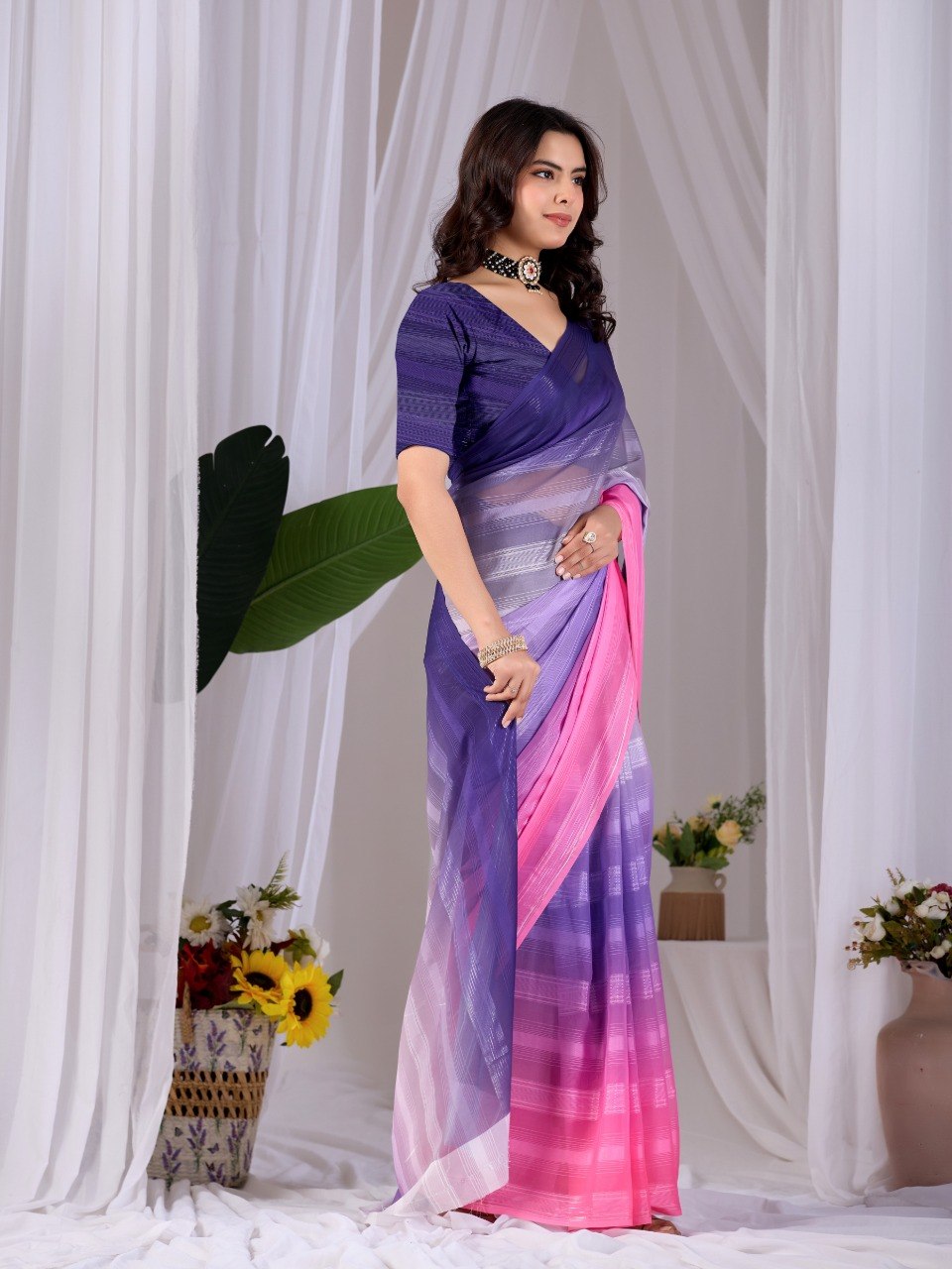 Purple Pink Dual Tone Monsoon Saree with Blouse Elegant Party Wear