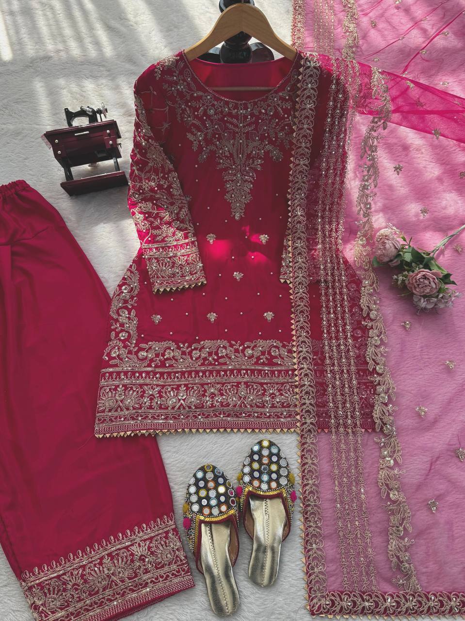 Women Premium Crepe Kurti Set with Farshi Salwar & Dupatta Party Wear Ethnic Set