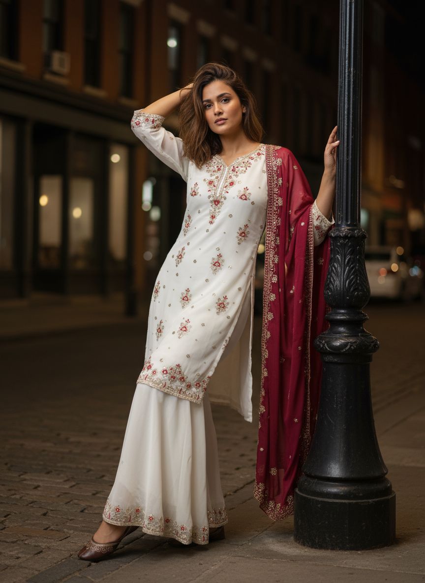 Off White & Black Georgette Kurti Palazzo Set with Dupatta Sequins Zari Work