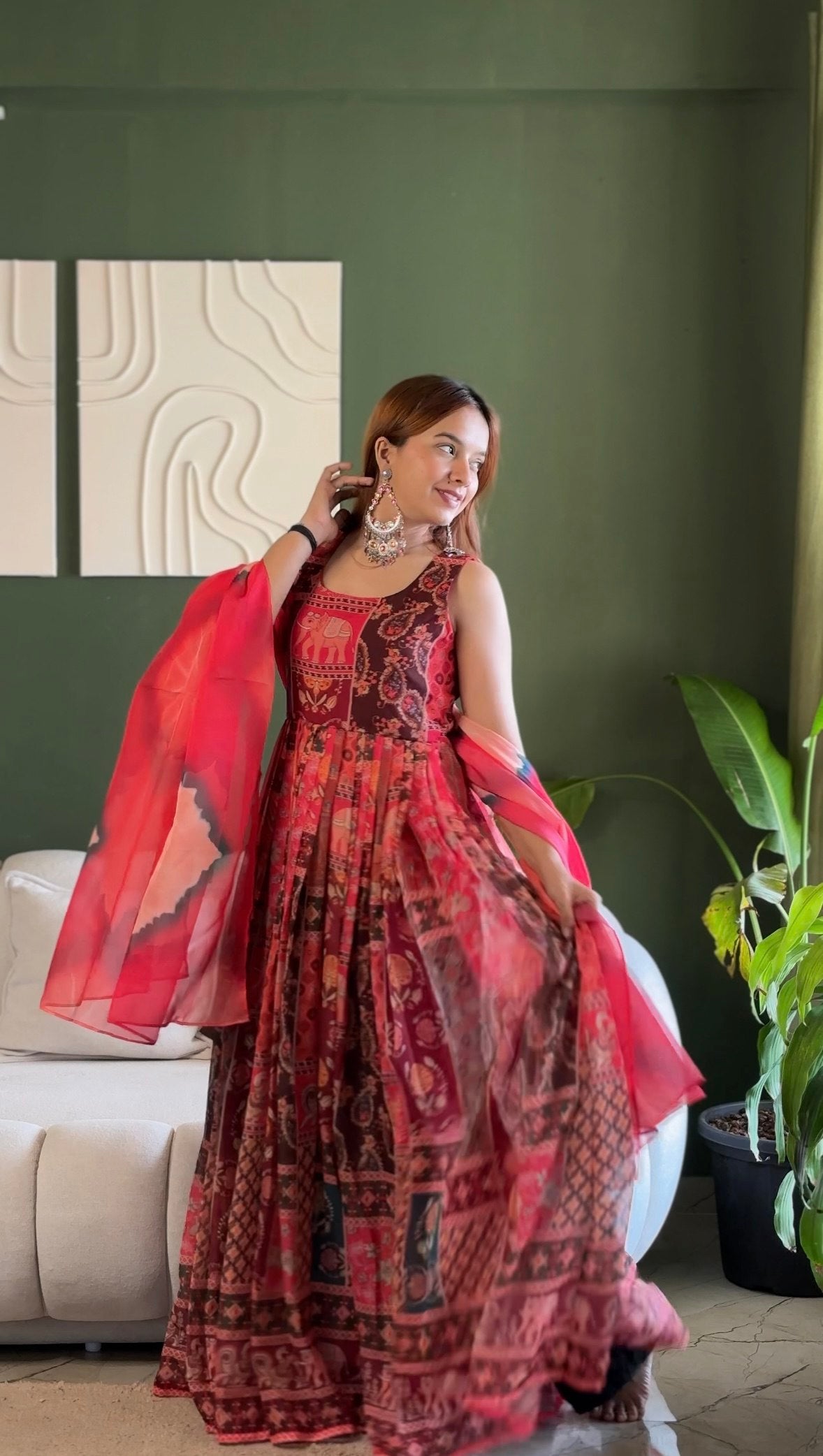 Red Patola Printed Organza Gown with Dupatta Festive Ethnic Wear