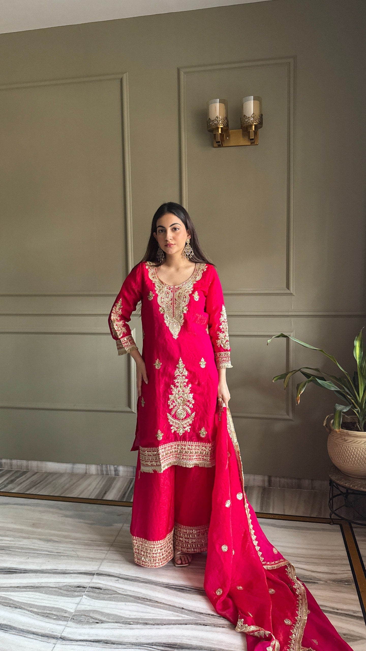 Pink & Dark Blue Fendi Satin Kurti Palazzo Set with Dupatta Embroidered Designer Wear