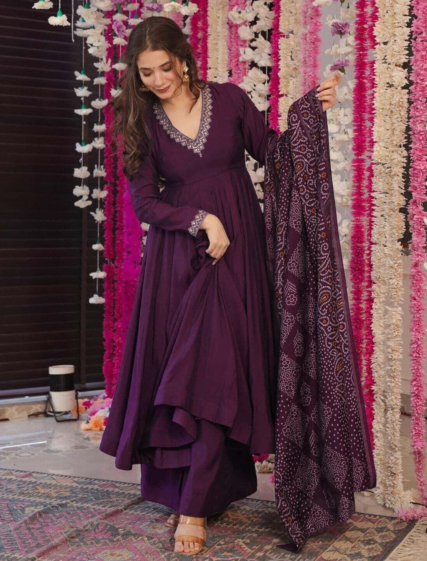 Purple Vichitra Anarkali Kurti Palazzo Set with Chanderi Dupatta Festive Wear