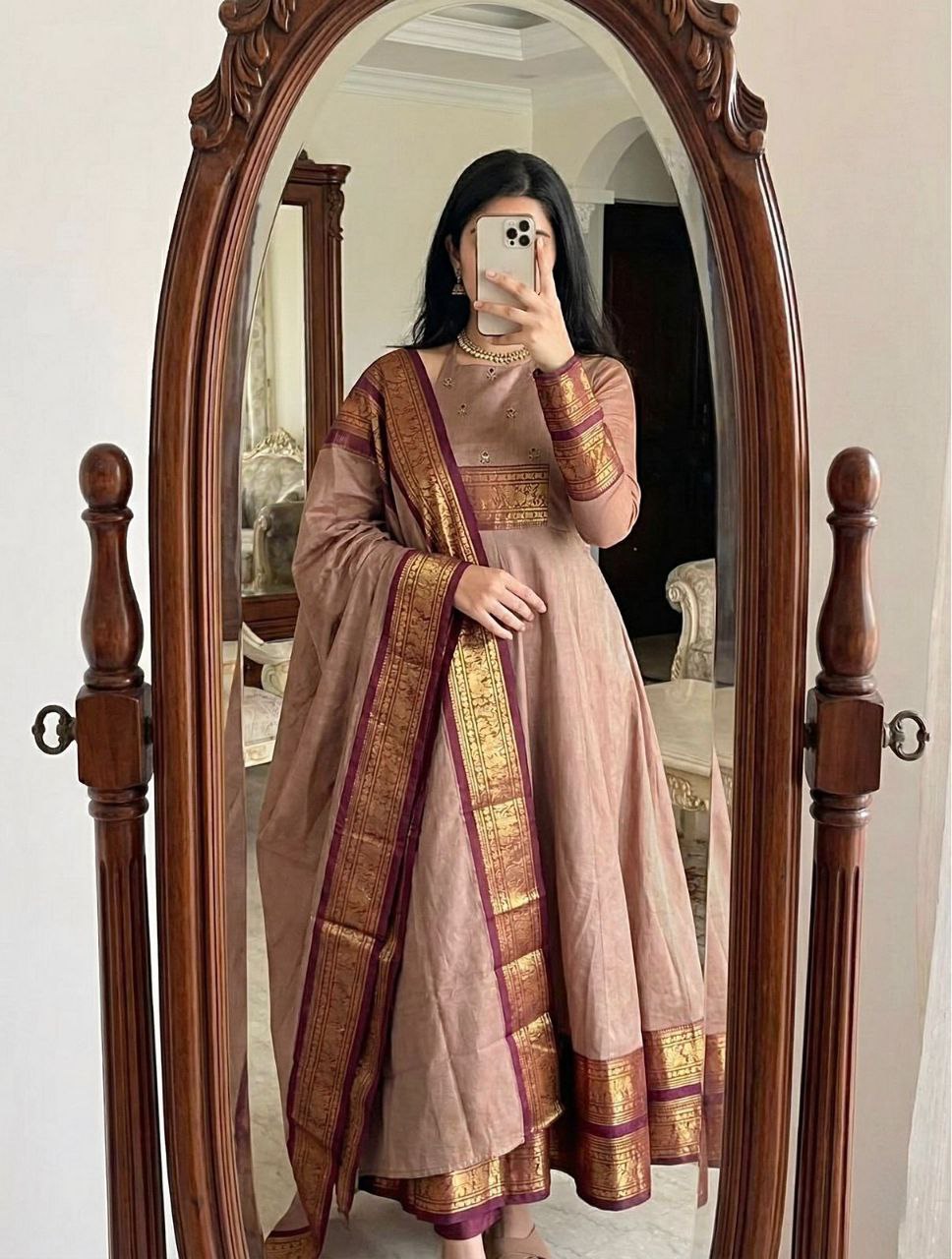 Brown Pattu Cotton Anarkali Kurti Set with Dupatta Zari Border Traditional Wear