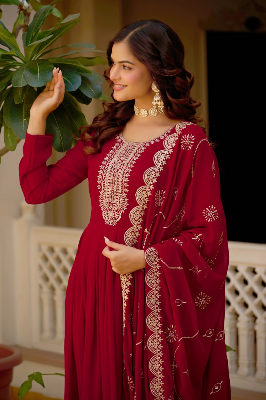 Maroon Faux Blooming Anarkali Gown with Dupatta Sequins Embroidery Festive Wear