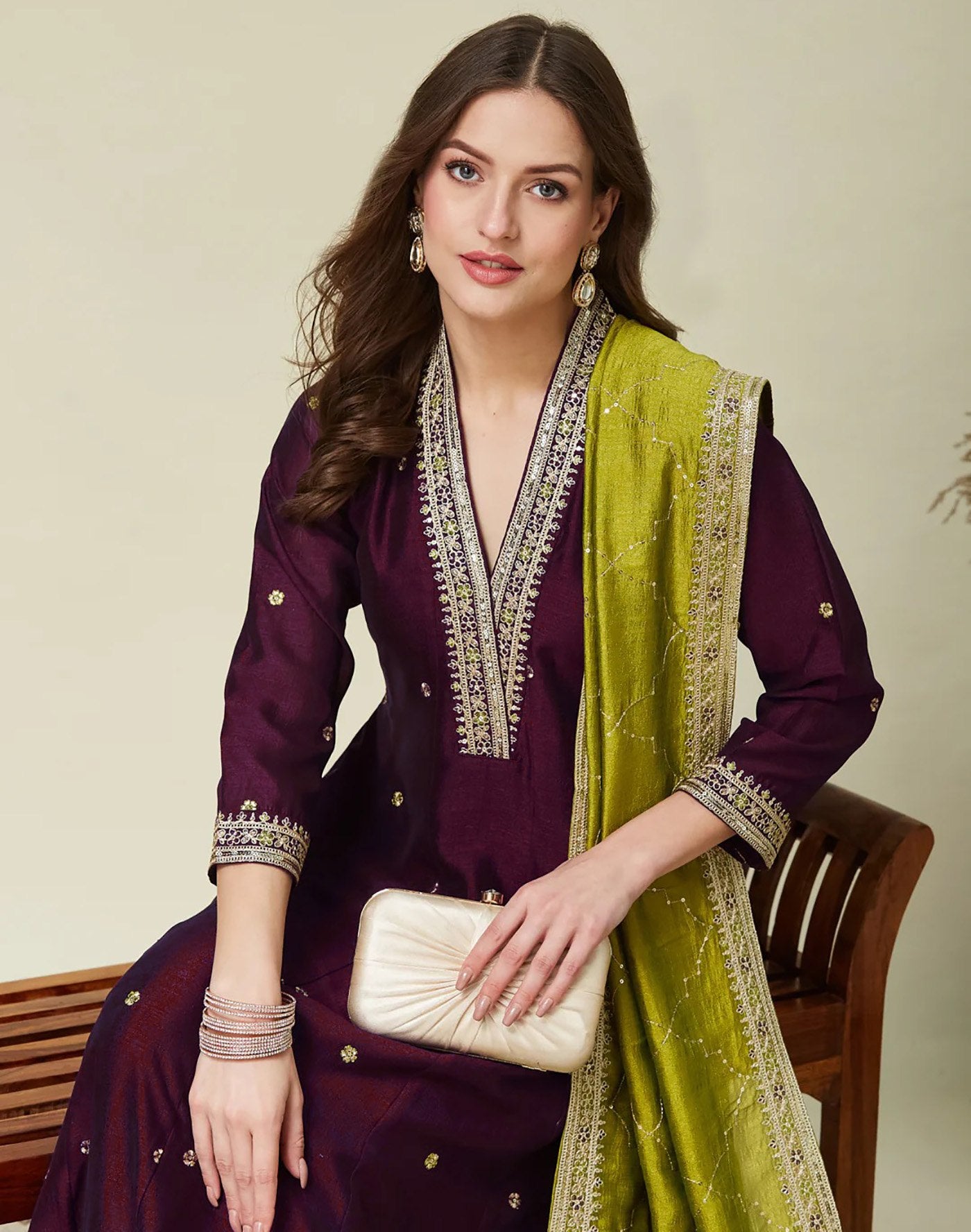 Beige Wine Vichitra Anarkali Kurti Set with Dupatta Embroidered Festive Wear