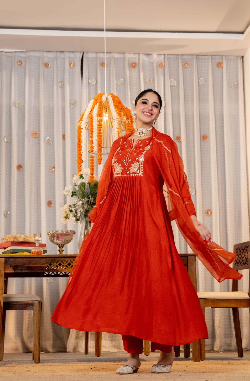 Orange & Green Chanderi Silk Kurti Set Women