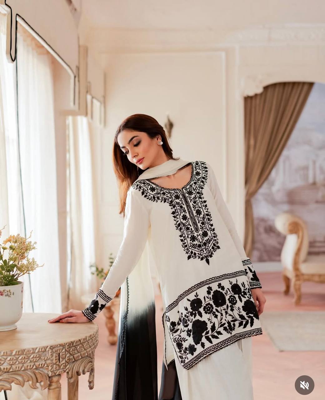 White Natural Crepe Kurti Farshi Palazzo Set with Georgette Dupatta Embroidered Ethnic Wear