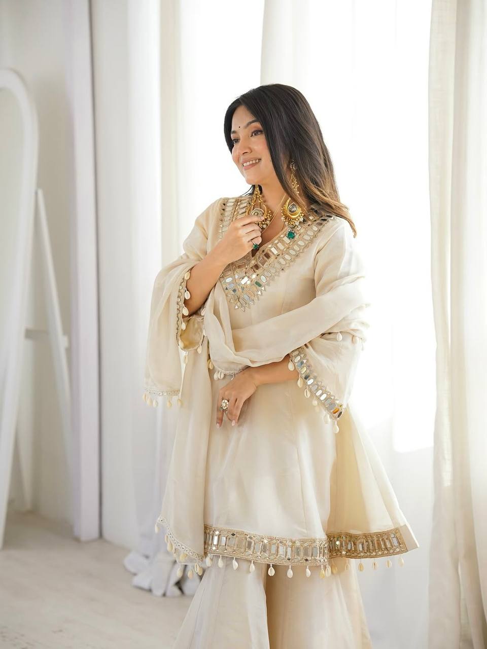 Off White Organza Silk Kurti Sharara Set with Dupatta Mirror Work Ethnic Wear