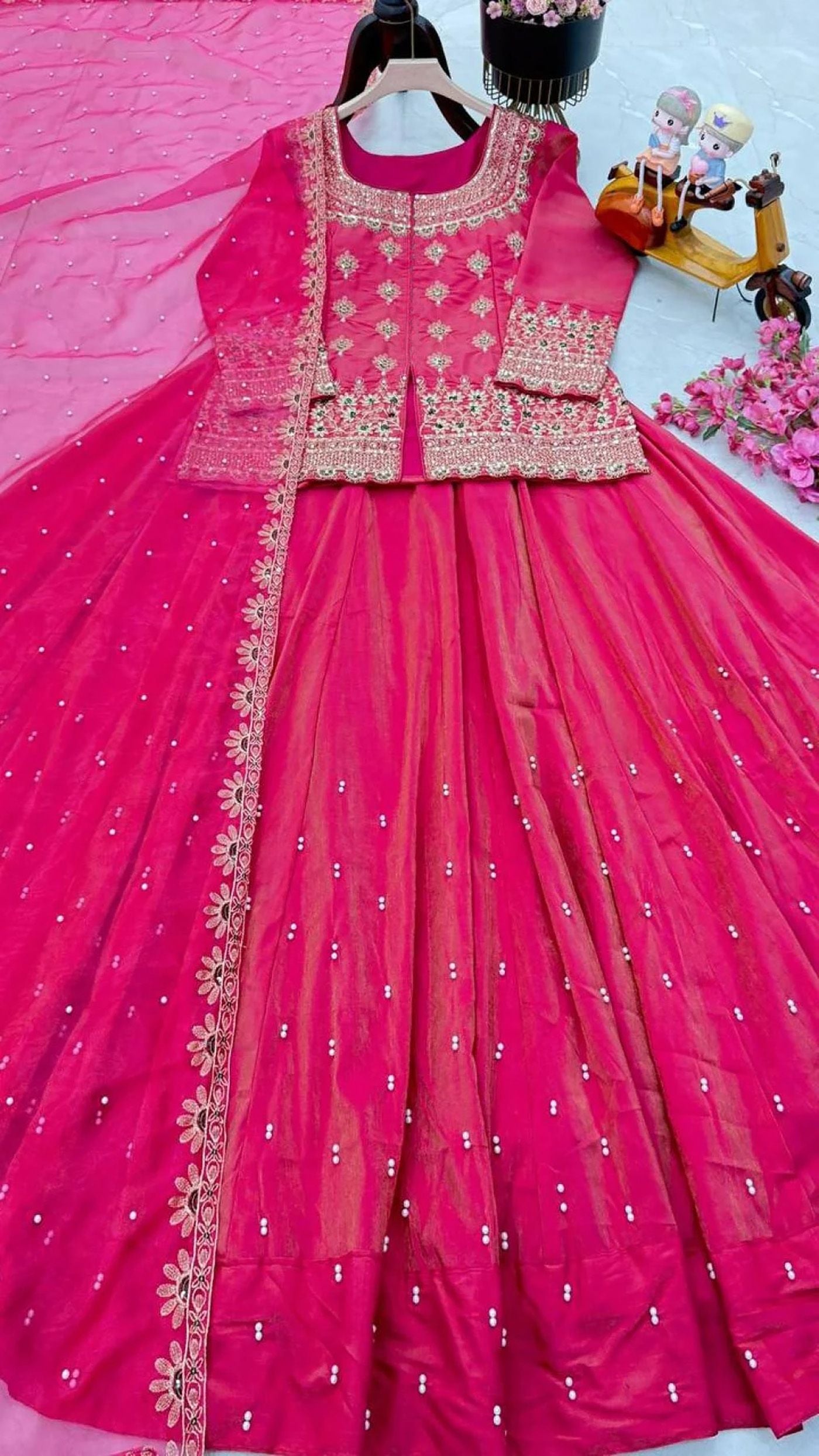 Pink Roman Silk Lehenga Choli Set with Net Dupatta Beads Stone Work Festive Wear