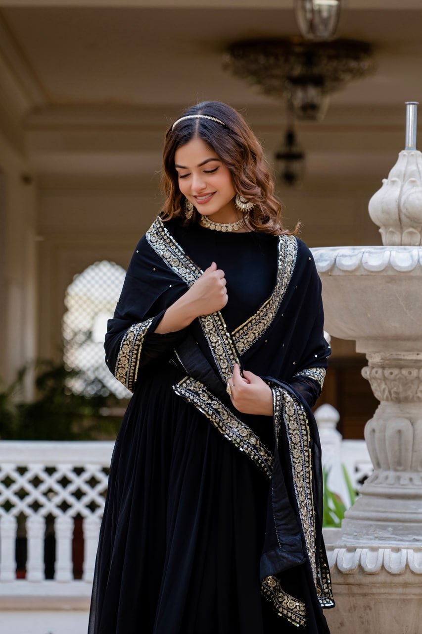 Black Faux Blooming Anarkali Gown with Dupatta Sequins Embroidery Party Wear