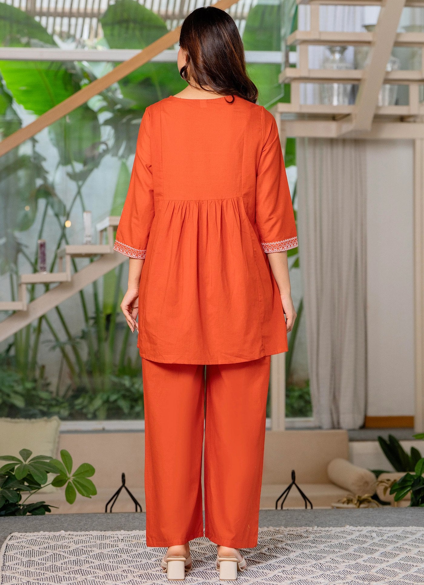 Orange Crepe Kurta Pant Co-Ord Set Embroidered Ethnic Wear