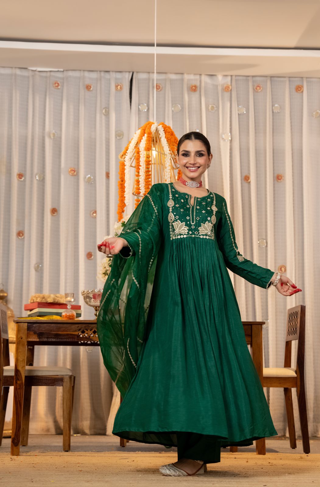Orange & Green Chanderi Silk Kurti Set Women