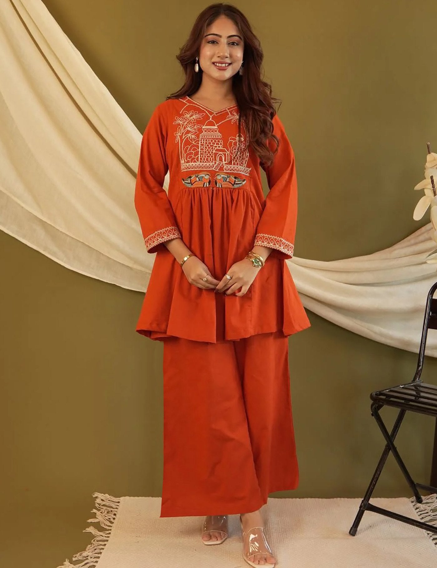 Orange Crepe Kurta Pant Co-Ord Set Embroidered Ethnic Wear