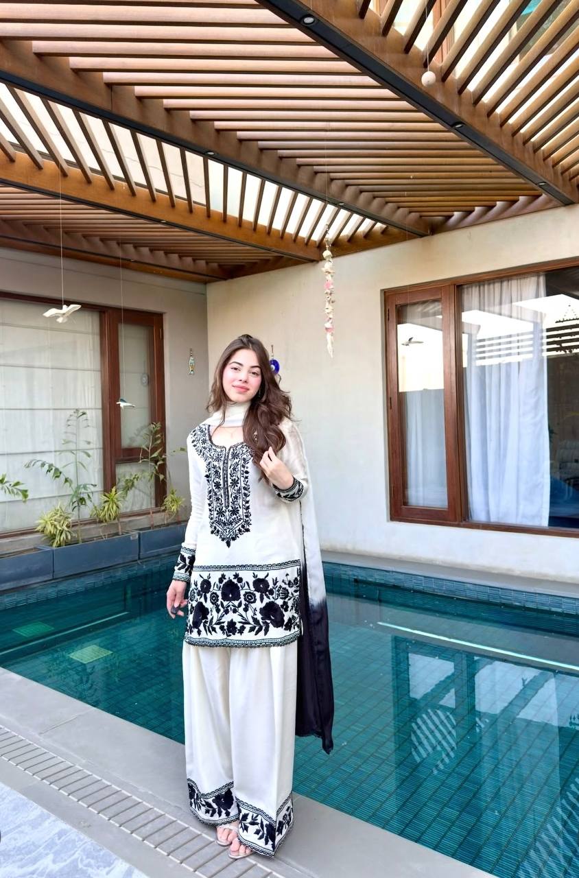 White Natural Crepe Kurti Farshi Palazzo Set with Georgette Dupatta Embroidered Ethnic Wear