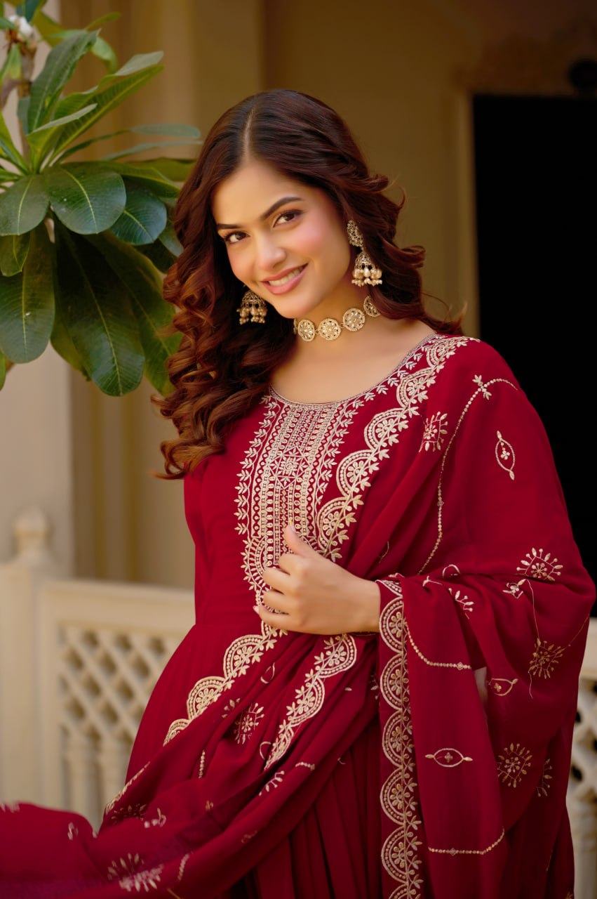 Maroon Faux Blooming Anarkali Gown with Dupatta Sequins Embroidery Festive Wear