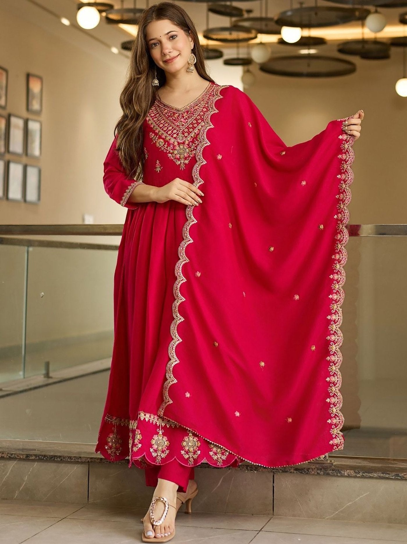 Pink Vichitra Anarkali Sharara Set with Dupatta Embroidered Festive Wear
