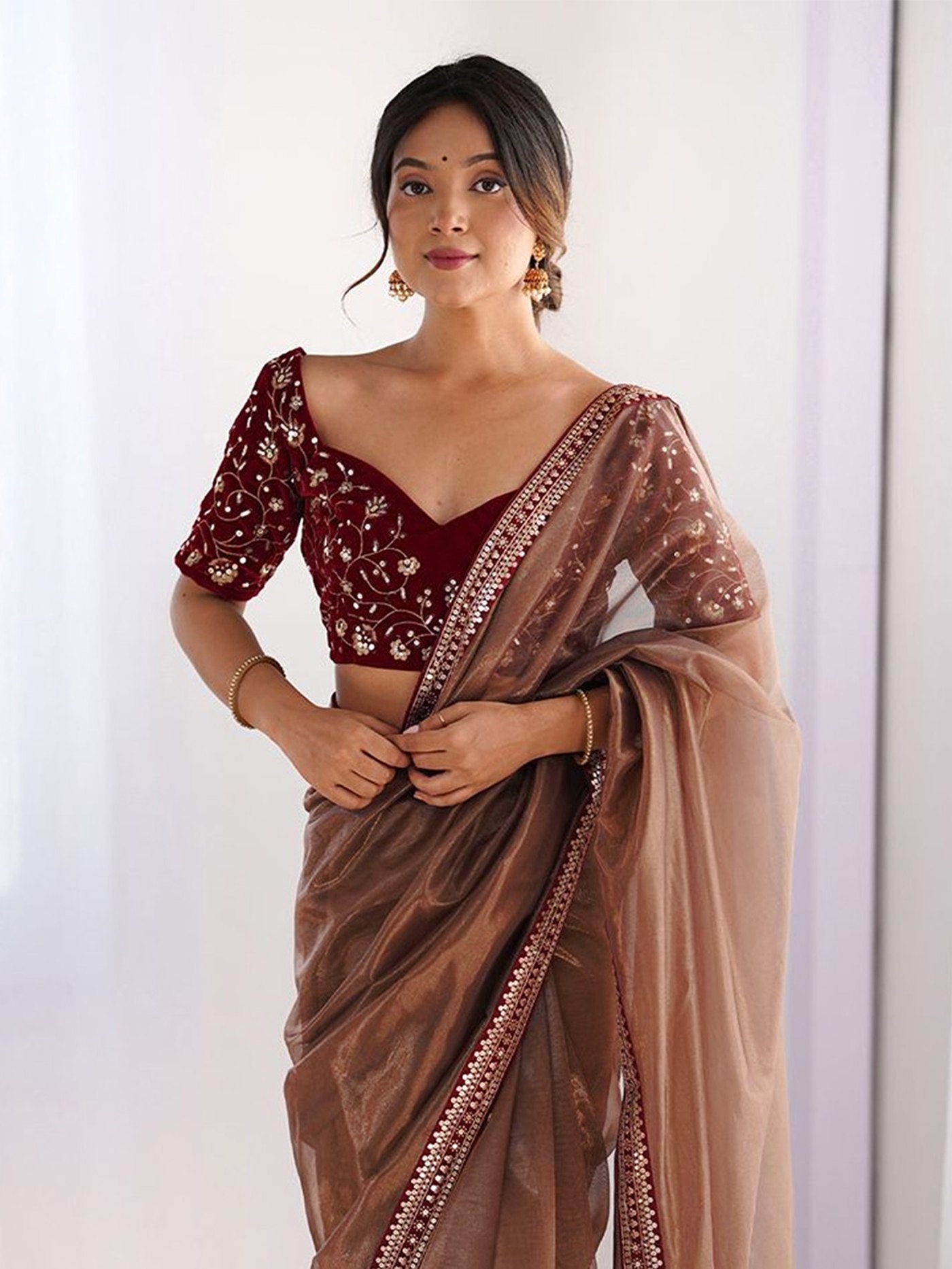 Brown Net Saree with Velvet Blouse Embroidery Work Party Wear Saree