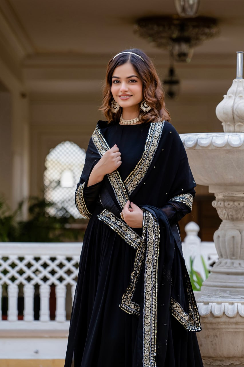 Black Faux Blooming Anarkali Gown with Dupatta Sequins Embroidery Party Wear