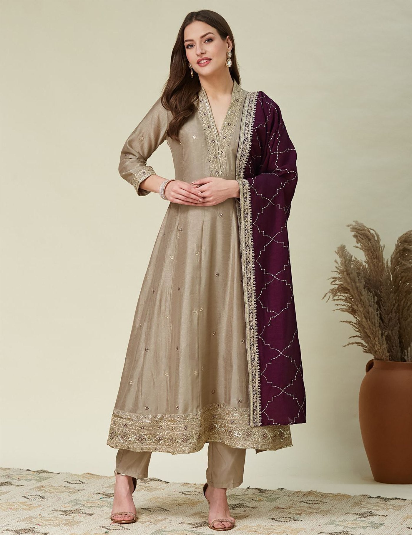 Beige Wine Vichitra Anarkali Kurti Set with Dupatta Embroidered Festive Wear