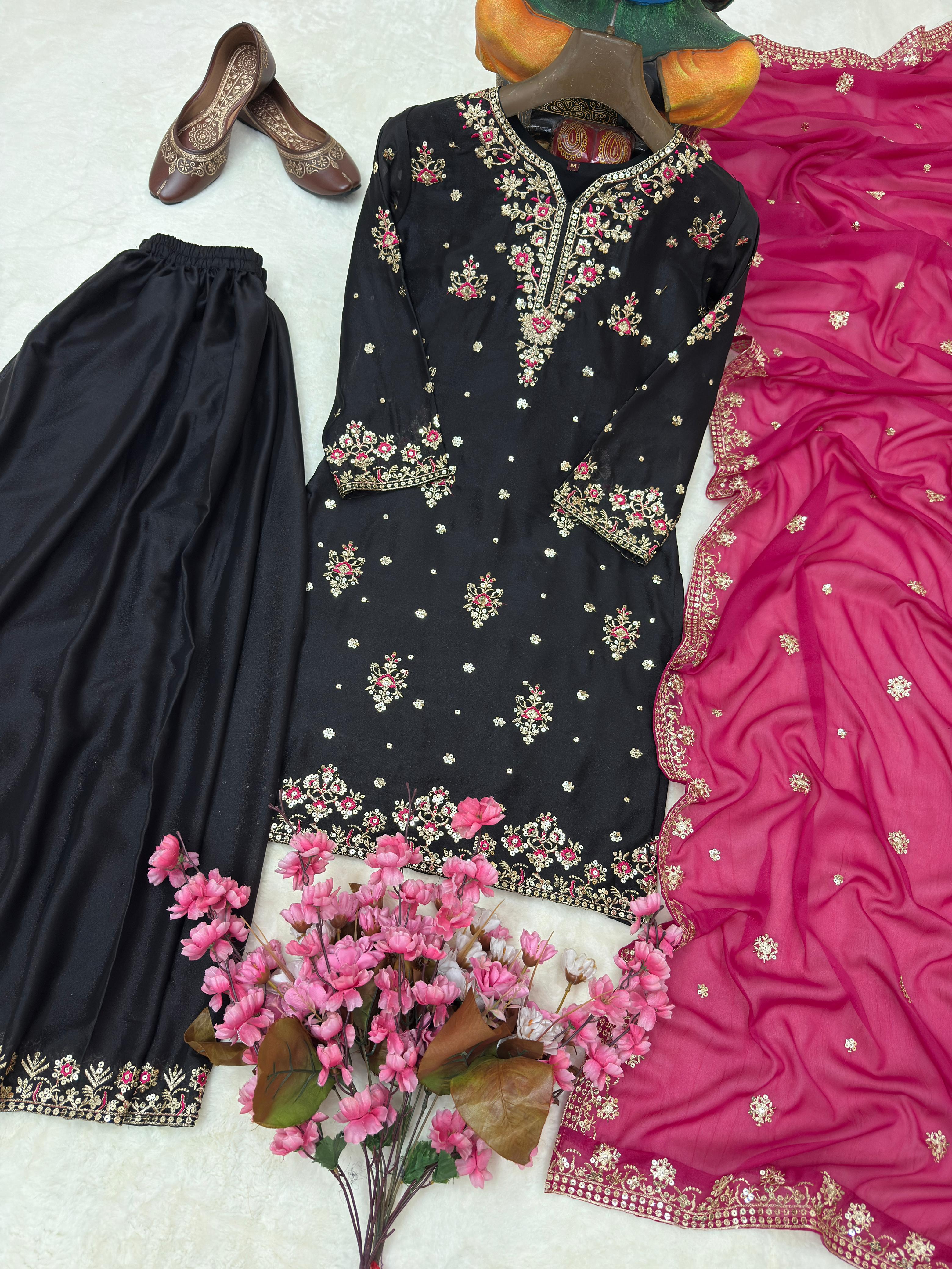 Off White & Black Georgette Kurti Palazzo Set with Dupatta Sequins Zari Work