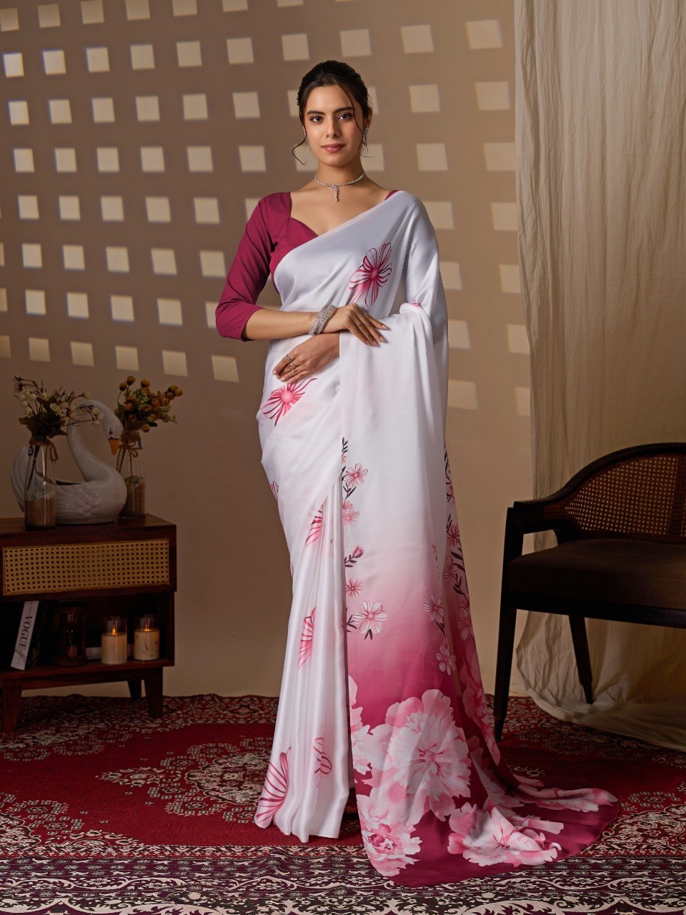 White & Pink Floral Satin Georgette Saree