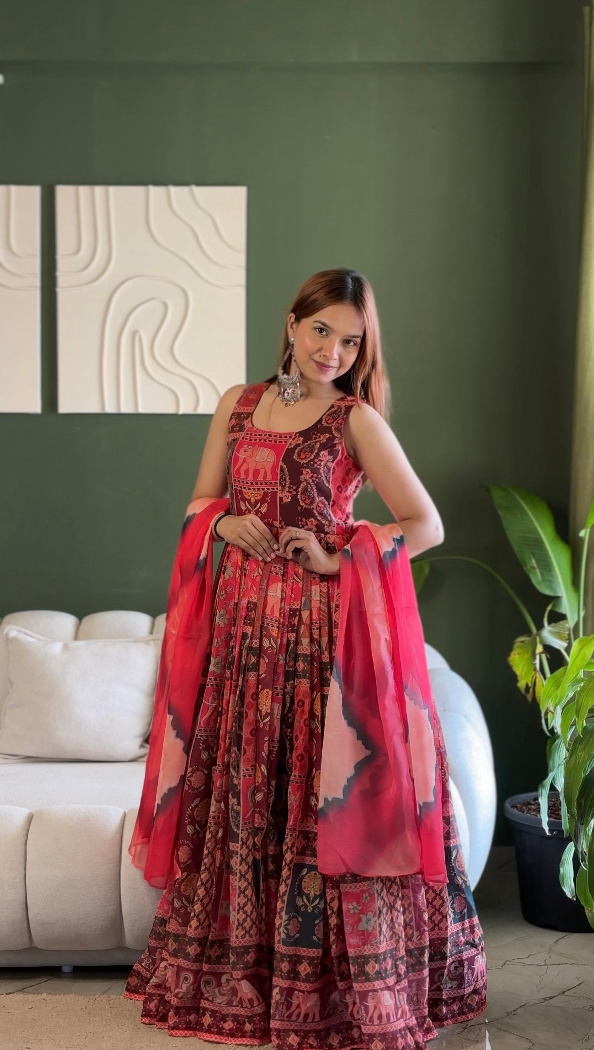 Red Patola Printed Organza Gown with Dupatta Festive Ethnic Wear