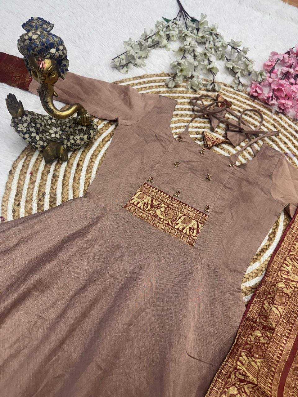 Brown Pattu Cotton Anarkali Kurti Set with Dupatta Zari Border Traditional Wear
