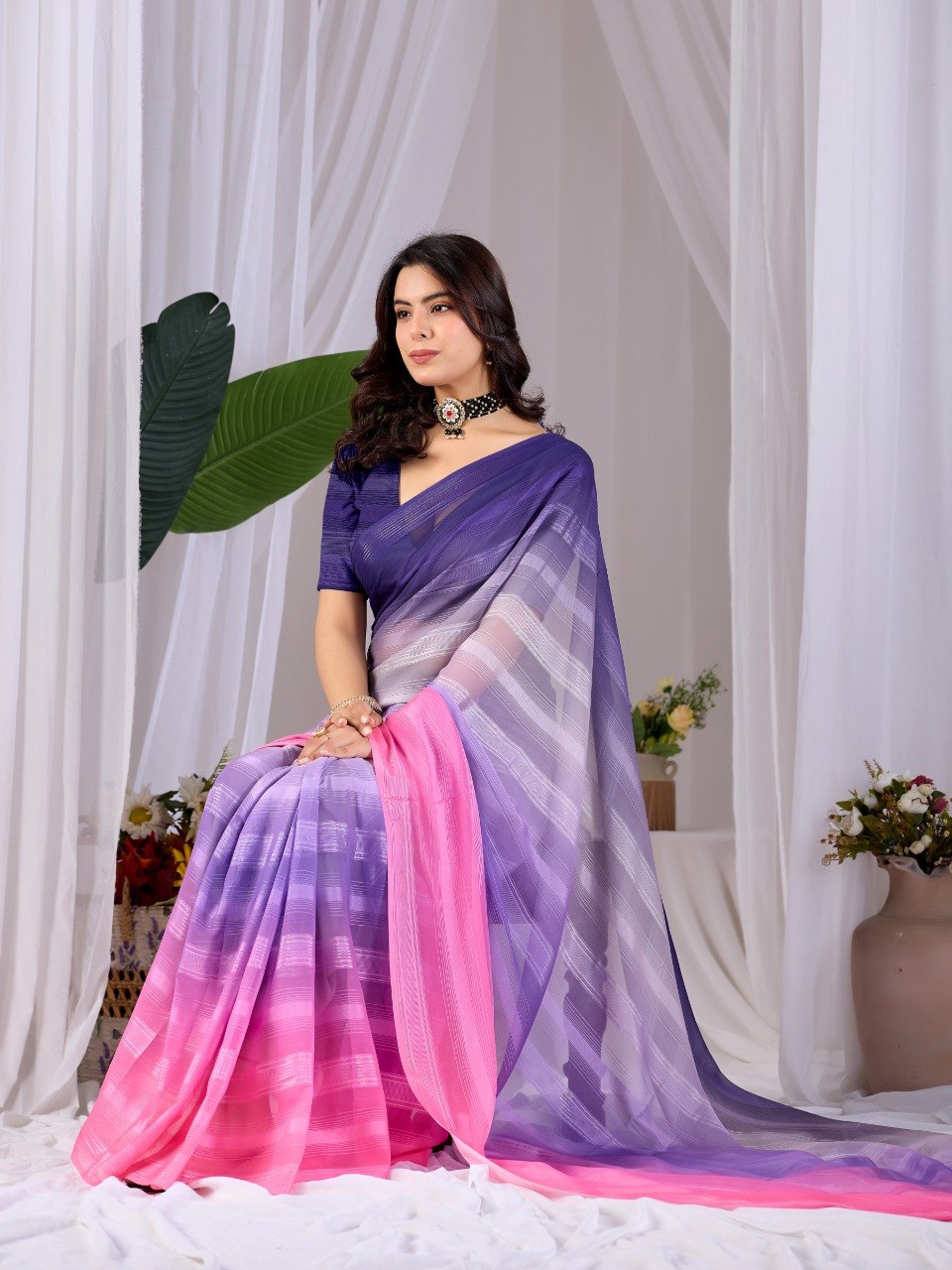 Purple Pink Dual Tone Monsoon Saree with Blouse Elegant Party Wear