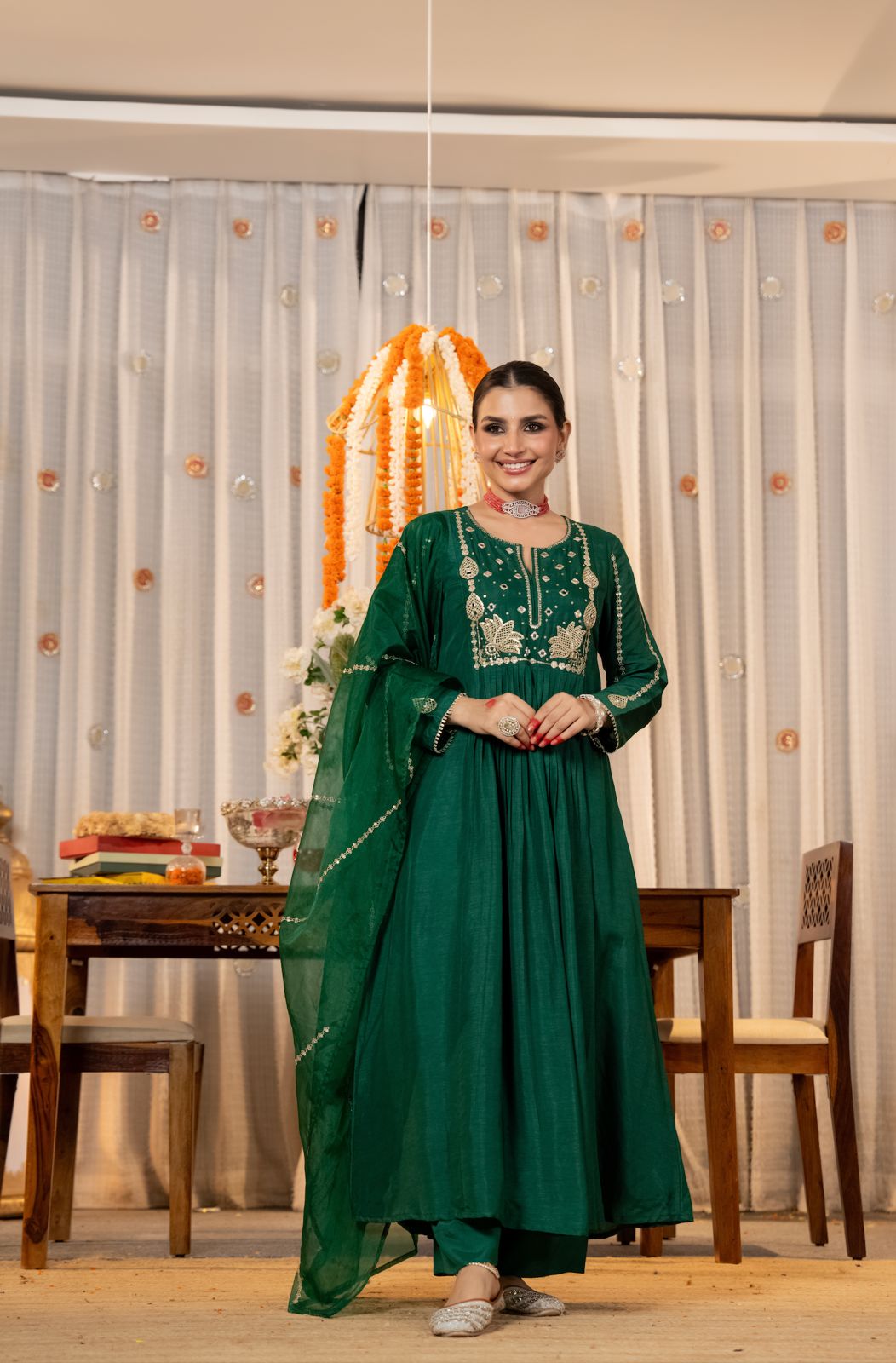 Orange & Green Chanderi Silk Kurti Set Women