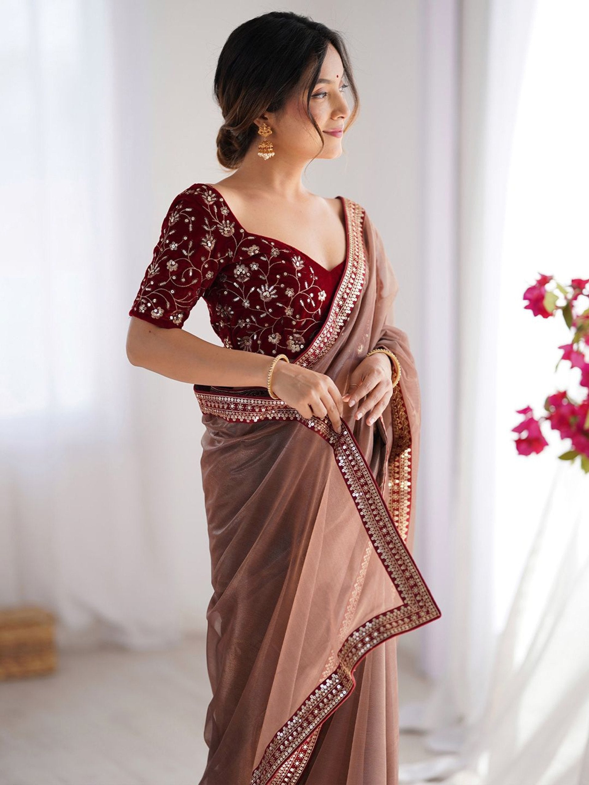 Brown Net Saree with Velvet Blouse Embroidery Work Party Wear Saree