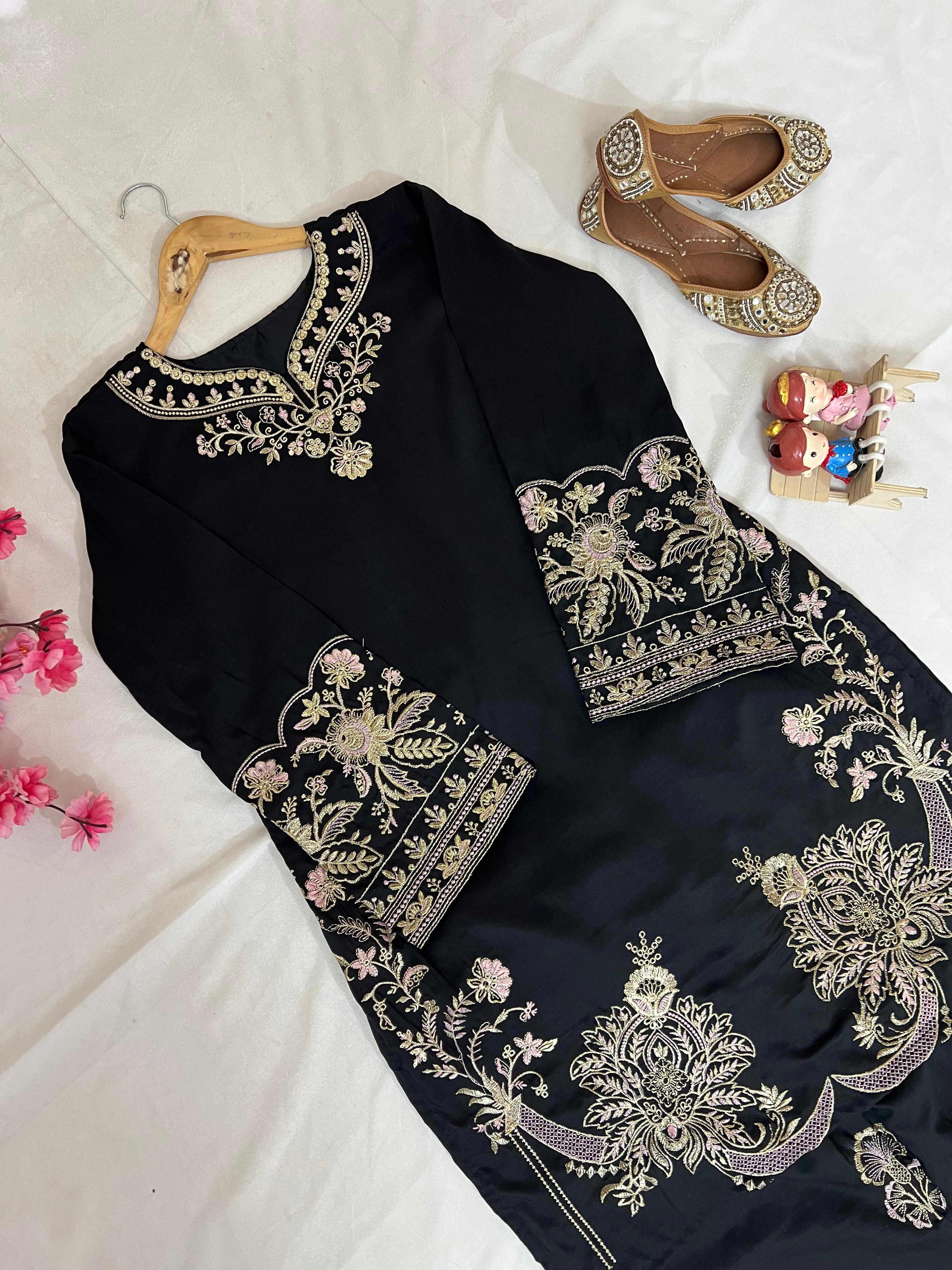 Black Muslin Cotton Co-Ord Set with Palazzo Embroidered Ethnic Wear