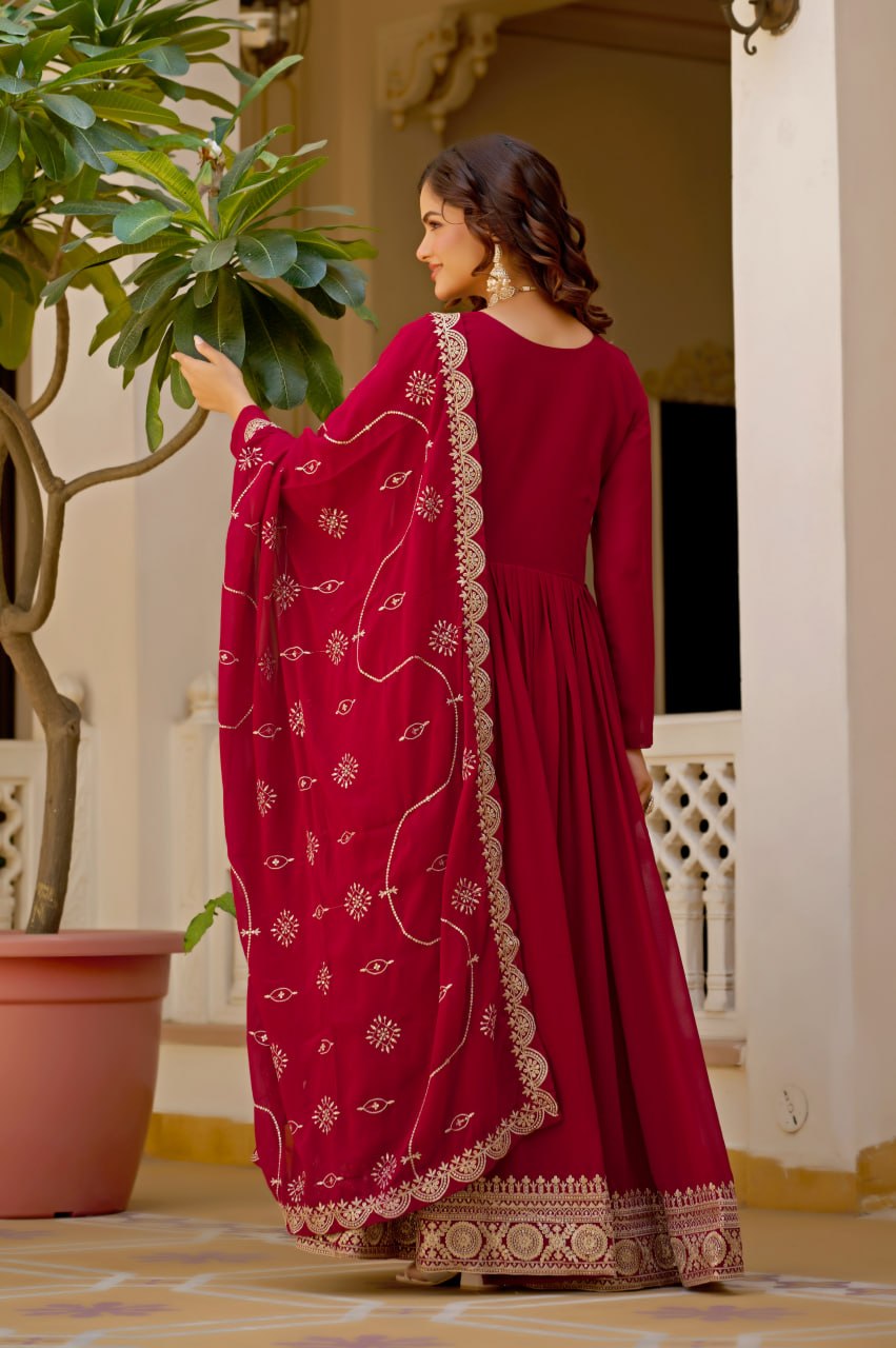 Maroon Faux Blooming Anarkali Gown with Dupatta Sequins Embroidery Festive Wear