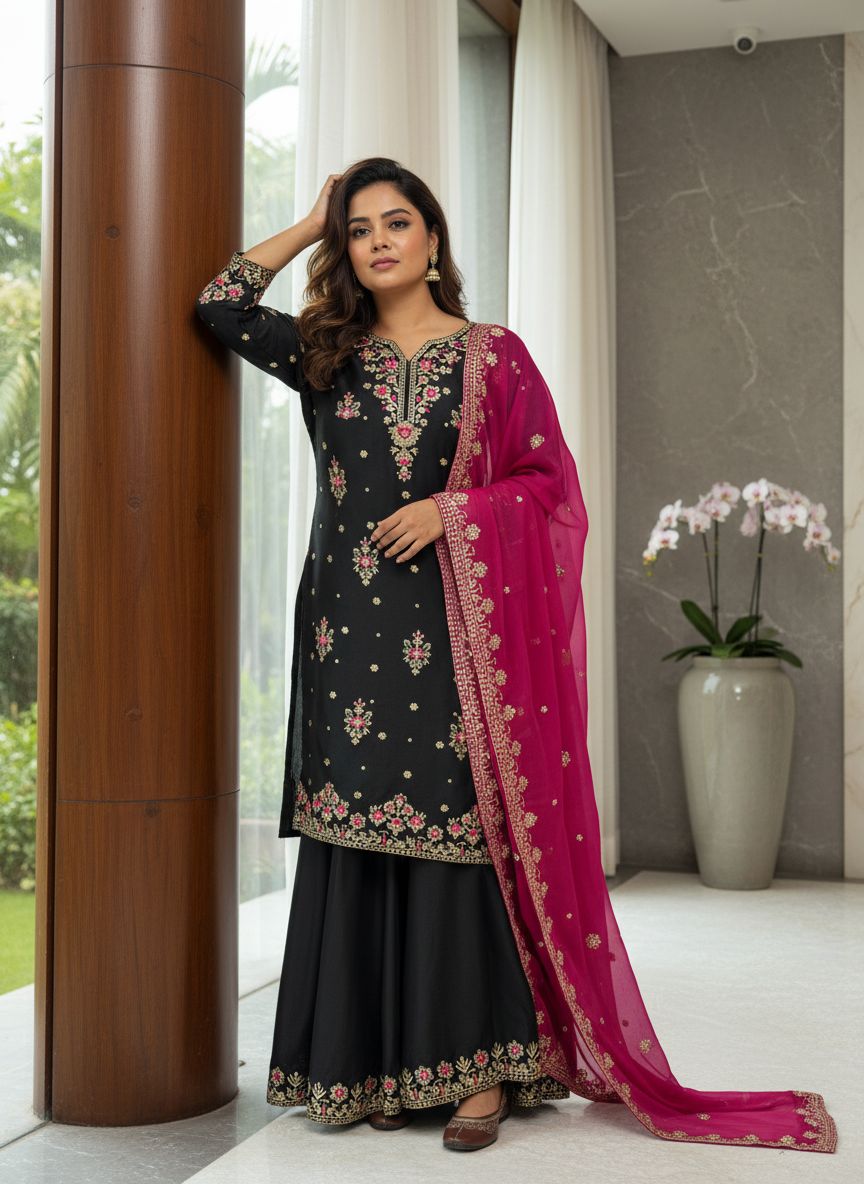 Off White & Black Georgette Kurti Palazzo Set with Dupatta Sequins Zari Work