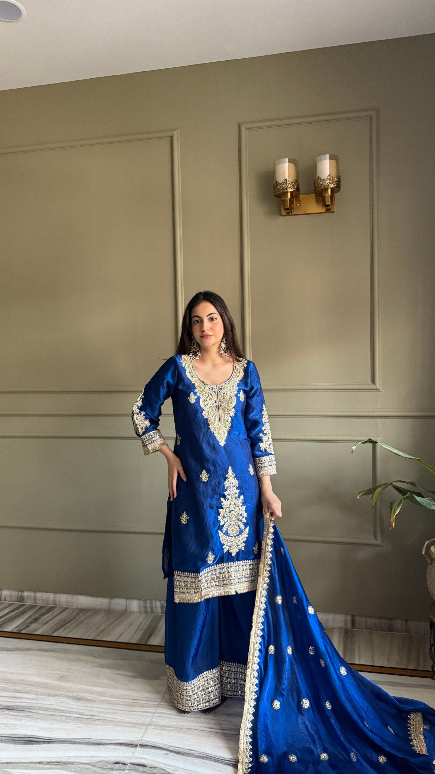 Pink & Dark Blue Fendi Satin Kurti Palazzo Set with Dupatta Embroidered Designer Wear