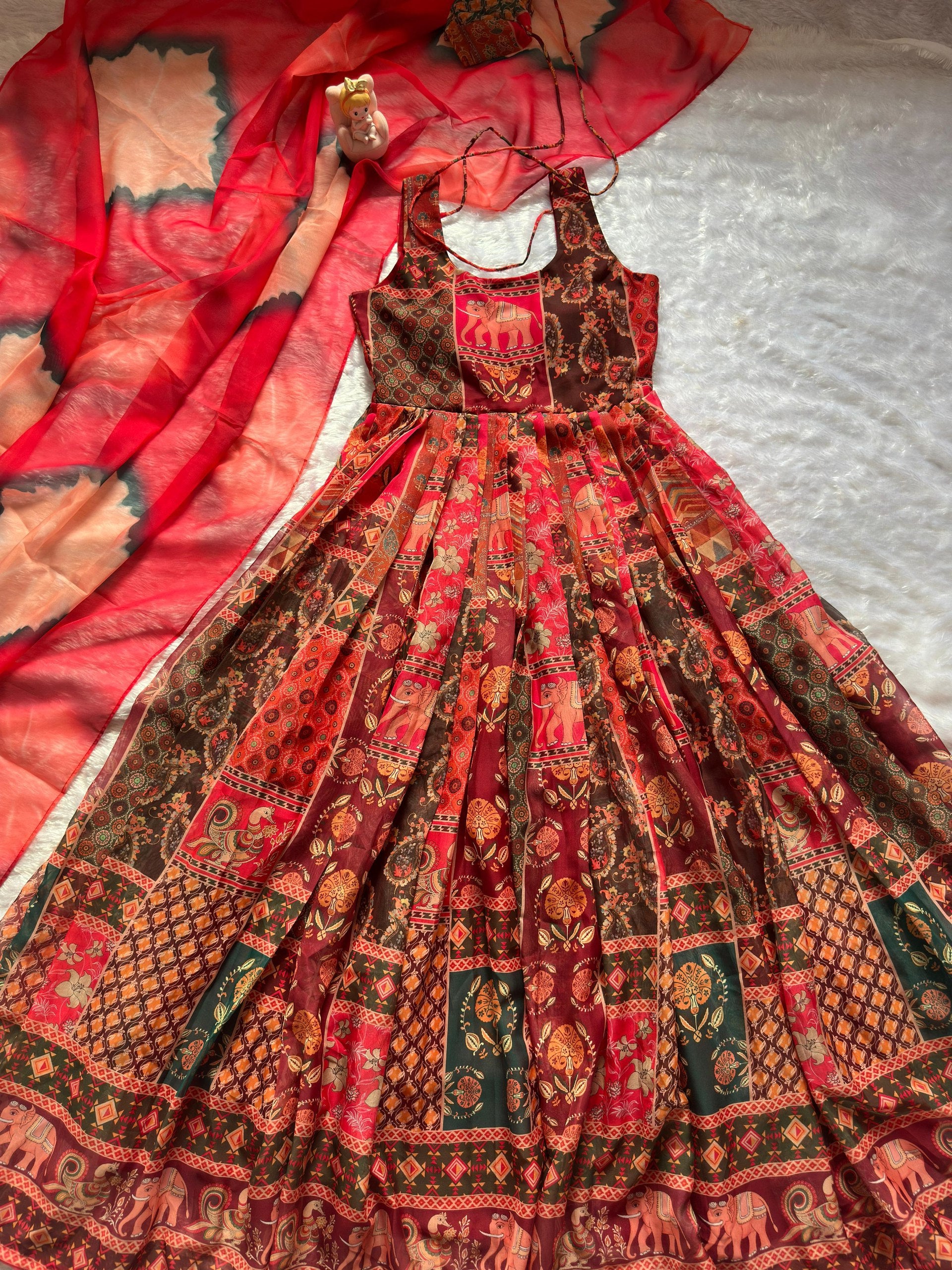 Red Patola Printed Organza Gown with Dupatta Festive Ethnic Wear
