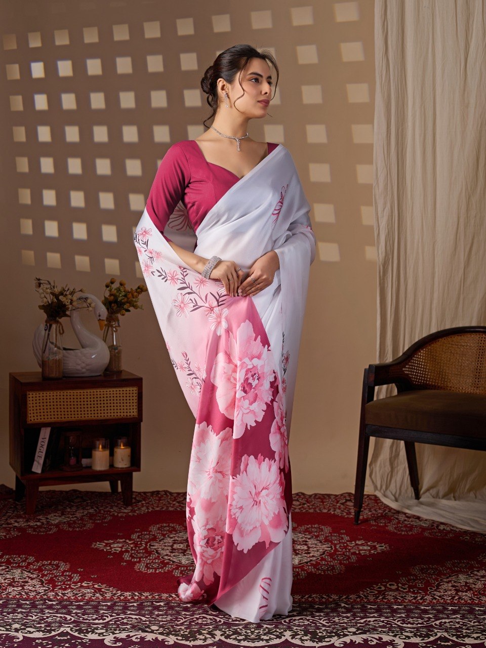 White & Pink Floral Satin Georgette Saree