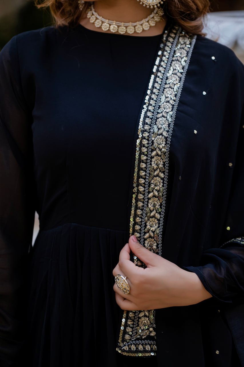 Black Faux Blooming Anarkali Gown with Dupatta Sequins Embroidery Party Wear
