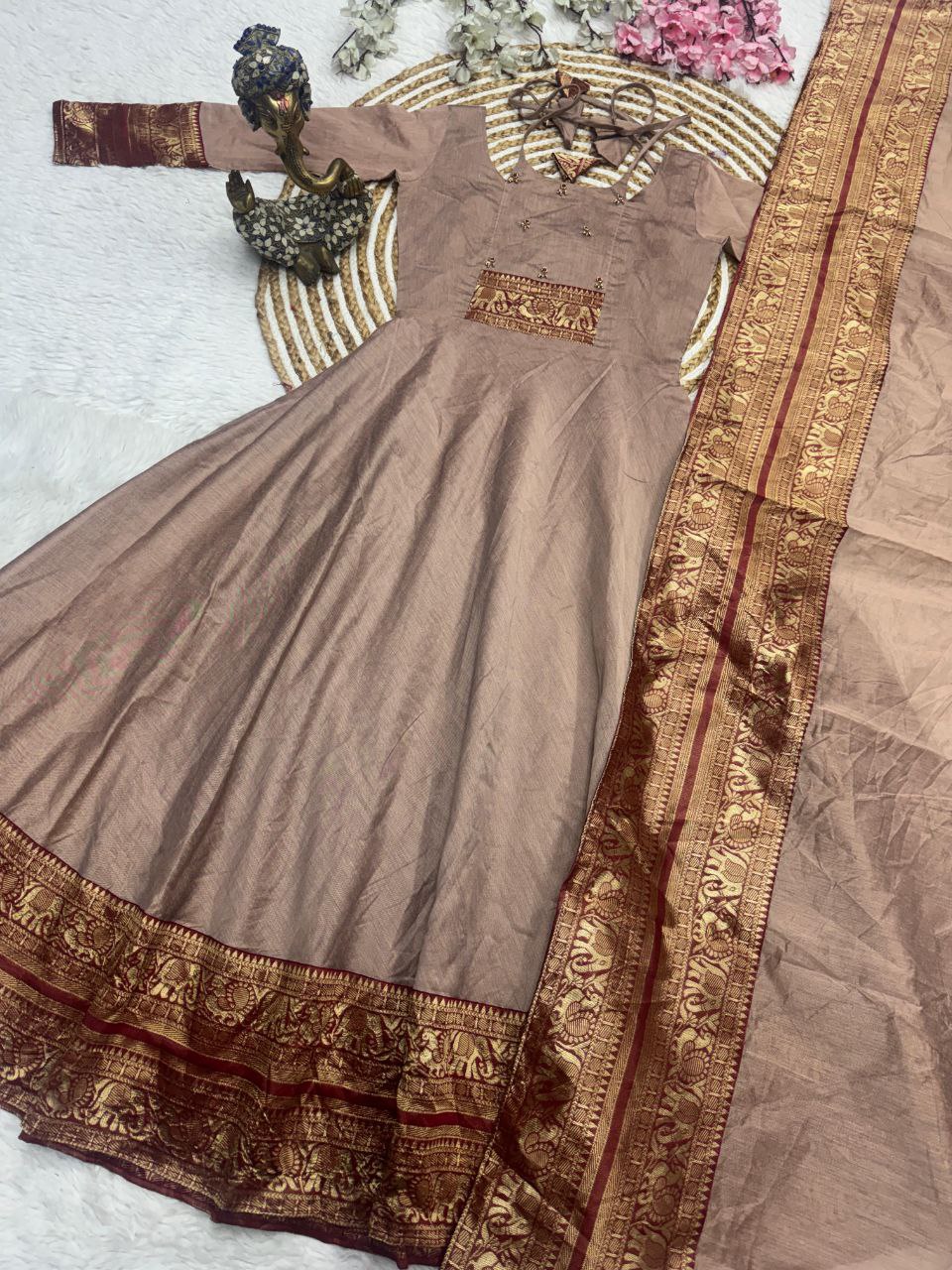 Brown Pattu Cotton Anarkali Kurti Set with Dupatta Zari Border Traditional Wear