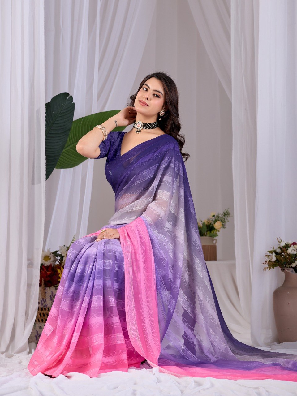 Purple Pink Dual Tone Monsoon Saree with Blouse Elegant Party Wear
