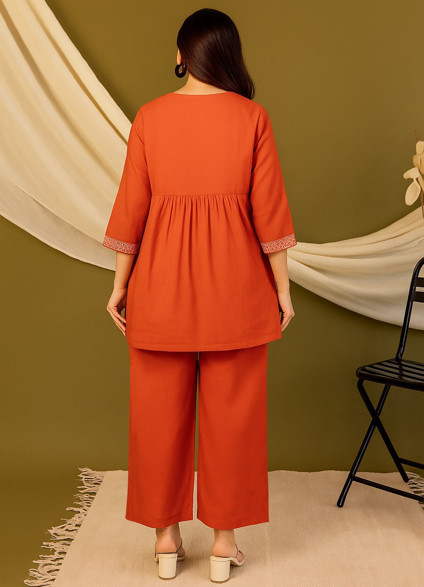 Orange Crepe Kurta Pant Co-Ord Set Embroidered Ethnic Wear