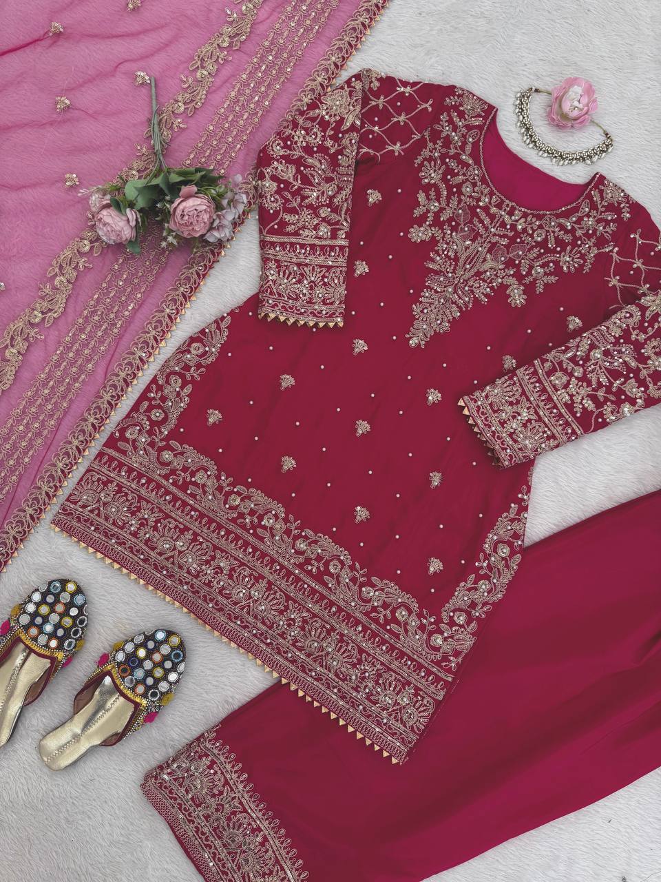Women Premium Crepe Kurti Set with Farshi Salwar & Dupatta Party Wear Ethnic Set