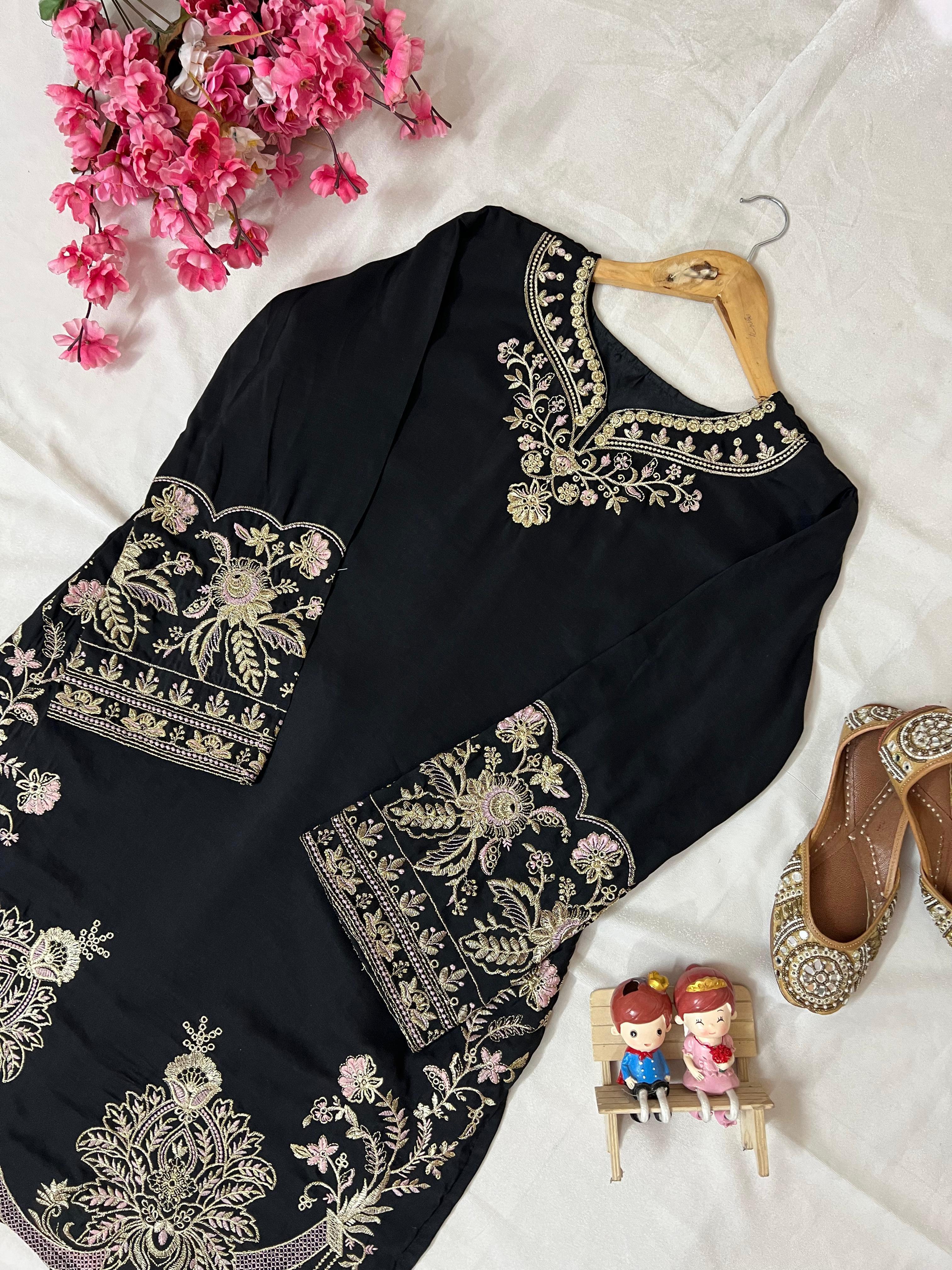 Black Muslin Cotton Co-Ord Set with Palazzo Embroidered Ethnic Wear