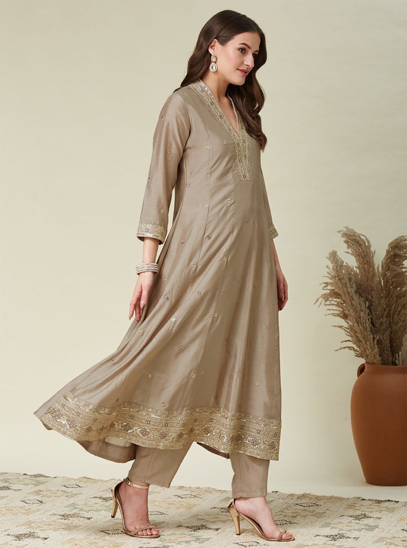 Beige Wine Vichitra Anarkali Kurti Set with Dupatta Embroidered Festive Wear